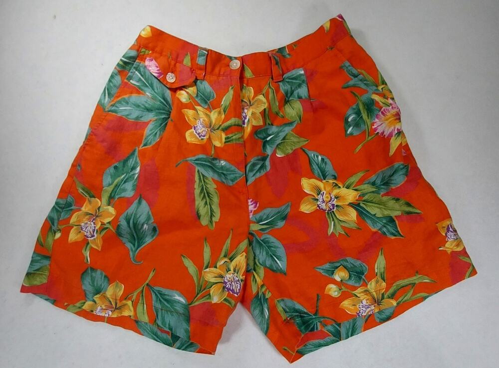 Lauren Ralph Lauren Orange Tropical Orange Floral 100% Linen Shorts Women's Sz 4